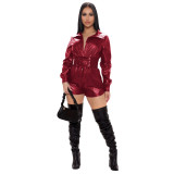 Sexy Plunge PU Leather Belted Rompers