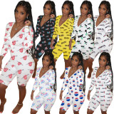 Sexy Print V-Neck Button Up Pajamas Romper