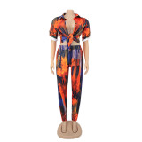 Print Colorful Blouse and Tight Pants Two Piece Set