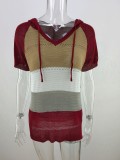 Colorblock Short Sleeve V-Neck Knitted Hoody