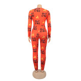 Long Sleeve Print Cozy Button Up Fitted Pajamas Jumpsuit