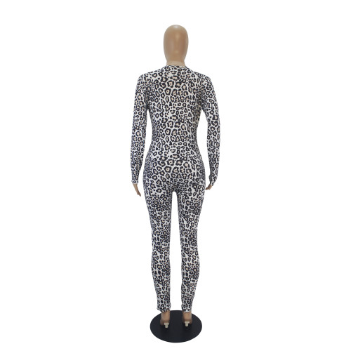 Print Leopard V-Neck Button Up Tight Onesie Pajama