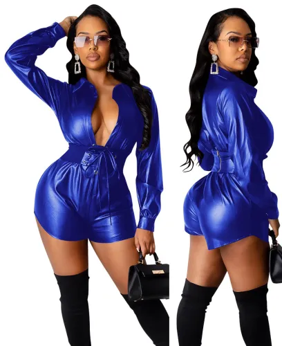 Sexy Plunge PU Leather Belted Rompers