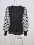 Black Knitting Top with Mesh Puff Sleeve