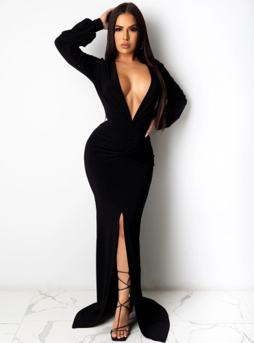 Solid Plunging Front Slit Sexy Evening Dress