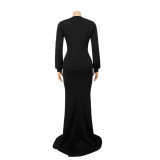 Solid Plunging Front Slit Sexy Evening Dress