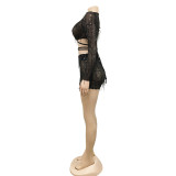 Sexy Tassel Sequin Wrap Crop Top and Mini Skirt Set