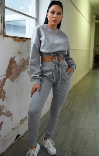 Pure Color Tied Crop Top and Pants Two Piece Outfits
