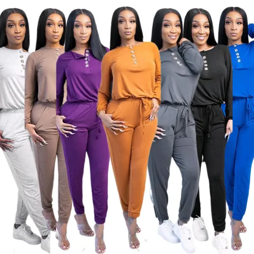 Button Trim Top and Drawstring Pants Two Piece Outftis