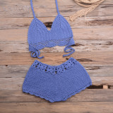 Knitted Crochet Halter Bikini Bra Top and Shorts Set