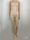 Hollow-Out Fishnet Sexy Beaded Bikini Long Cover Up