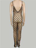 Hollow-Out Fishnet Sexy Beaded Bikini Long Cover Up