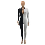 Colorblock Zip Up Bodycon Jumpsuit