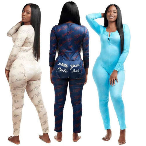 Print Letter Onesie Pajamas with Butt Flap