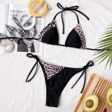 Black Contrast Leopard Tie Sides Bikini Set