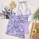 Solid Bikini Set with Butterfly Cover Up 3PCS Swimwear