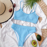 Solid Color Ribbed High Waist Two Piece Swimwear