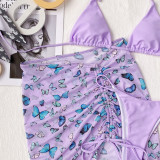 Solid Bikini Set with Butterfly Cover Up 3PCS Swimwear