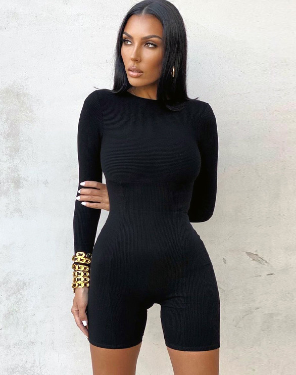 Fitness Long Sleeve Ribbed O-Neck Rompers