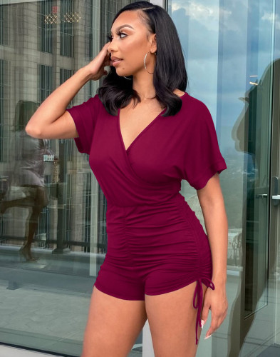 Solid Sexy Wrap Ruched Rompers