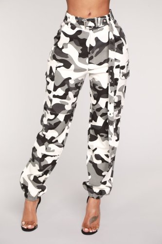 Camo Print High Waist Belted Cargo Pants