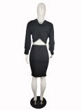 Wholesale Black Wrap Crop Top and Midi Skirt Set