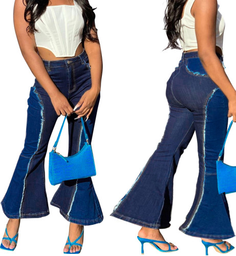 Wholesale Fashion Contrast High Waist Bell Bottom Jeans
