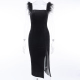 Sexy Sleeveless Side Slit Fur Trim Cami Long Dress
