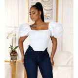 Square Neck Puff Short Sleeve Crop Top