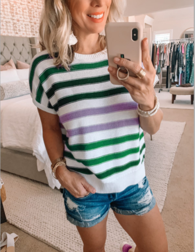 Striped Short Sleeve Knitting Top