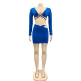 Blue Sexy Crop Top and Cut Out Mini Skirt Set