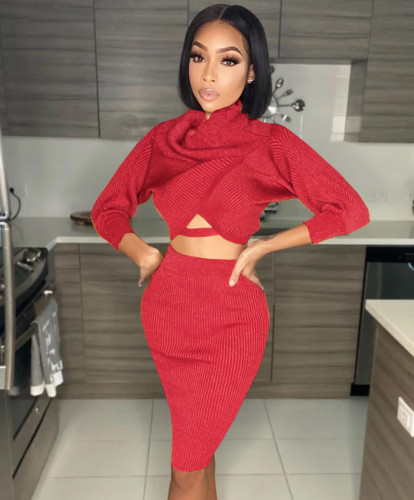 Wholesale Red Wrap Crop Top and Midi Skirt Set