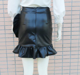 Black PU Leather High Waist Ruffle Mini Skirt