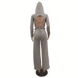Sexy Lace Up Back Hooded Crop Top & Wide Leg Pants Set