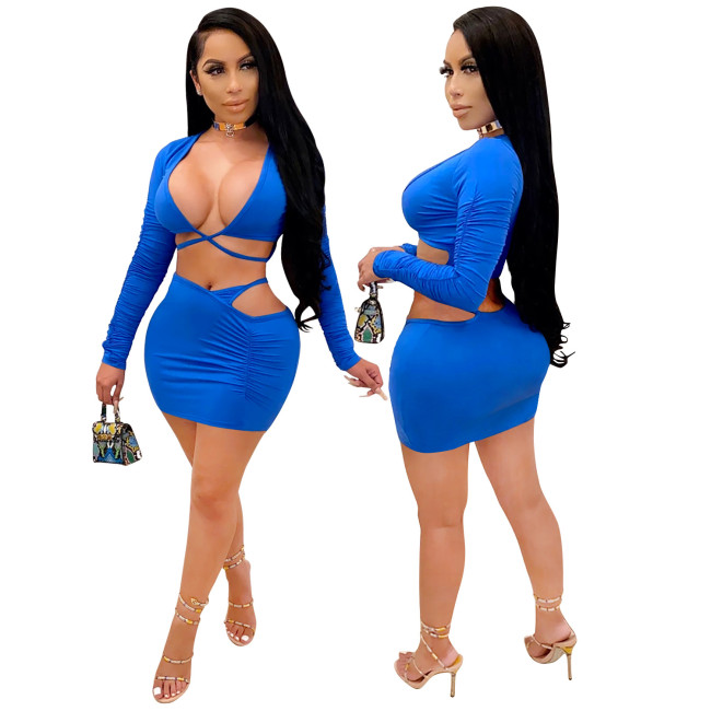 Blue Sexy Crop Top and Cut Out Mini Skirt Set