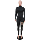 Solid Long Sleeve Ripped Metal Chain Bodycon Jumpsuit