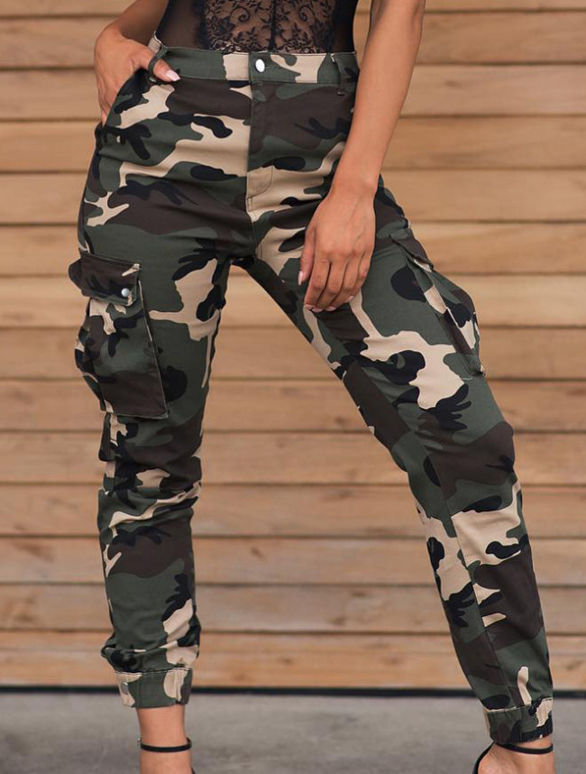 Camo Print High Waist Belted Cargo Pants