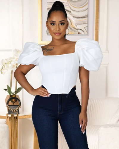 Square Neck Puff Short Sleeve Crop Top
