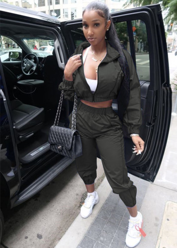 Solid Zipped Crop Top and Pants Leisure Tracksuit