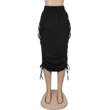 High Waist Pocketed Ruched Black Midi Skirt