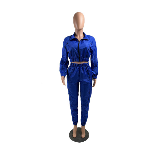 Solid Zipped Crop Top and Pants Leisure Tracksuit