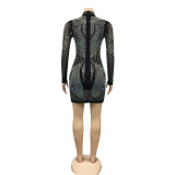 Rhinestone Black Long Sleeve Bodycon Mini Dress