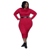 Plus Size Bodycon Midi Dress in Red(without Belt)