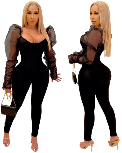 Sexy Bodycon Jumpsuit with Mesh Puff Sleeve