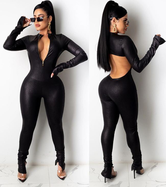 Cutout Back Black Sexy PU Leather Bodycon Jumpsuit