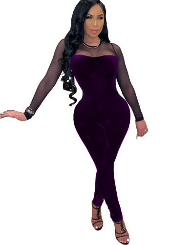 Mesh Insert Velvet Sexy Slinky Jumpsuit