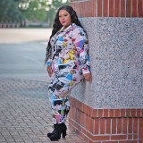 Plus Size Character Print Blouse and Pants Two Piece Outfits