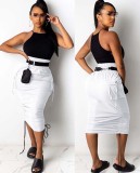 High Waist Pocketed Ruched White Midi Skirt