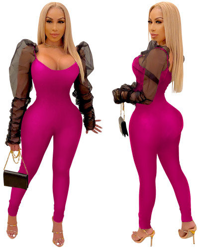 Sexy Bodycon Jumpsuit with Mesh Puff Sleeve
