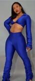 Solid Ruched Sleeve Crop Top and Stack Pants Two Piece Matching Set